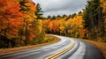 COUNTRY ROAD IN FALL AUTUMN Dramatic, moody scene of rural highway running through beautiful forest landscape. Orange and green Royalty Free Stock Photo