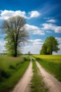Country road through the field with trees and blue sky with white clouds Royalty Free Stock Photo