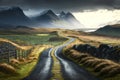 Country road in Icelandic nature. Winding road that leads through rolling green hills and meadows