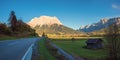 Country road from Lermoos to Ehrwald, view to Zugspitze mountain in the evening