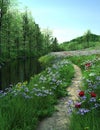 Country road passes through meadow near a river