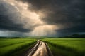 A country road with rain clouds background