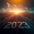 Country road with a rising sun leading forward to year 2023 - generative ai