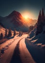 Country road in snowy winter sunset day , AI Generated Royalty Free Stock Photo