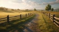 winding road near the wooden fence through with lonely tree on hillside. AI Generative Royalty Free Stock Photo