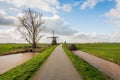 Country road wih a bare tree silhouette and a windmill Royalty Free Stock Photo