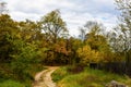 The country road winds past the country yard surrounded by a wooden fence. Lush nature and deciduous forest Royalty Free Stock Photo