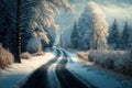 Country road in the winter forest. Trees covered in snow on both sides. peaceful and serene, with a sense of isolation and