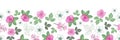 Country Rose Border-Flowers in Bloom seamless repeat pattern Background in pink,green and white