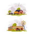 Country or Rural View with Barn House, Windmill and Tractor Vector Set Royalty Free Stock Photo