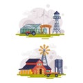 Country or Rural View with Barn House, Windmill and Water Tower Vector Set Royalty Free Stock Photo