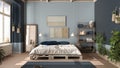 Country rustic bedroom, eco interior design in blue tones, sustainable parquet floor, pallet bed with pillows, carpet and potted