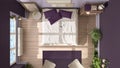 Country rustic bedroom, eco interior design in purple tones, sustainable parquet, diy pallet bed, carpet and armchairs. Top view,