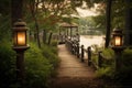 country scene with walkway and lanterns, leading to a serene lake