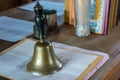 Retro Teacher Desk with Bell, Books and Papers