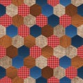 Country seamless pattern with wooden, denim, sackcloth and lumberjack plaid patchwork hexagons. Mosaic jeans, wooden and canvas Royalty Free Stock Photo