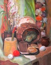 Country still life with a basket, oil painting Royalty Free Stock Photo