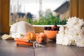 Country still life. The harvest from the garden - cherries, peaches. Chrysanthemum flowers, garden tools and summer hat on the Royalty Free Stock Photo