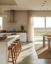 Country style kitchen in a contemporary residential home with an island and modern appliances. White facades, wooden bar Royalty Free Stock Photo