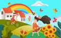 Country summer memories, rural landscape, children girl with icecream and boy on bicycle, rainbow vector countryside