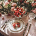 Country tablescape, formal dinner table setting, table scape with strawberry decoration for wedding party and holiday event