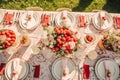 Country tablescape, formal dinner table setting, table scape with strawberry decoration for wedding party and holiday event