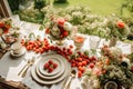 Country tablescape, formal dinner table setting, table scape with strawberry decoration for wedding party and holiday event