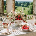 Country tablescape, formal dinner table setting, table scape with strawberry decoration for wedding party and holiday event