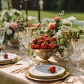 Country tablescape, formal dinner table setting, table scape with strawberry decoration for wedding party and holiday event