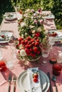 Country tablescape, formal dinner table setting, table scape with strawberry decoration for wedding party and holiday event