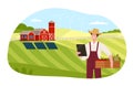 Country View with Man Farmer in Straw Hat Holding Wooden Crate with Ripe Vegetables and Tablet PC Vector Illustration