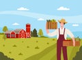 Country View with Man Farmer in Straw Hat Holding Wooden Crate with Ripe Vegetables Vector Illustration