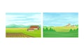 Country View with Sown Field, House and Pasture Land as Green Landscape Vector Set