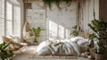 Country wooden bedroom close up in boho style in white and beige tones. Generative Ai Royalty Free Stock Photo