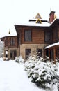 Country wooden house and winter fir trees