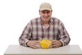 A countryman shows juicy yellow watermelon