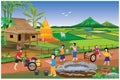 Countryside boy and girl harvest water from pond vector design