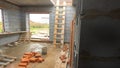 Countryside brick house under construction. Clip. Interior of unbuilt cottage with brick walls and space for windows Royalty Free Stock Photo