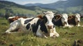 Countryside Calm - A group of cows sitting on a green field. Generative AI