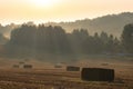 Countryside colorful foggy landscape at sunrise. Harvested agricultural wheat field with straw bales and foggy forest behind it Royalty Free Stock Photo