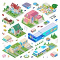 Countryside Cottage Isometric city scene generator creator vector design objects illustration. Private residence villa school