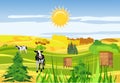 Countryside, cows, farmland, hives, green meadow and hills,
