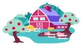 Countryside farm backyard flat vector illustration. Village farmhouse, apple orchard and pig fence. Livestock farming, Royalty Free Stock Photo