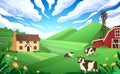 Countryside. Farm village, fields and blue sky, agriculture lands and cow in rural landscape, country panorama. Nature