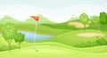 Countryside golf course with hole, red flag. Green summer beautiful landscape with lake vector illustration Royalty Free Stock Photo