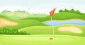 Countryside golf course with hole and red flag. Green summer beautiful landscape vector illustration Royalty Free Stock Photo