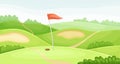 Countryside golf course with hole and red flag. Green summer beautiful landscape vector illustration Royalty Free Stock Photo