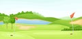 Countryside golf course with hole, red flag, , sand traps and lake. Summer beautiful landscape vector illustration Royalty Free Stock Photo