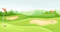Countryside golf course with holes, red flags and sand traps. Green summer beautiful landscape vector illustration Royalty Free Stock Photo