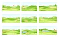 Countryside golf courses with holes, sand traps and red flags set. Green summer beautiful landscapes vector illustration Royalty Free Stock Photo